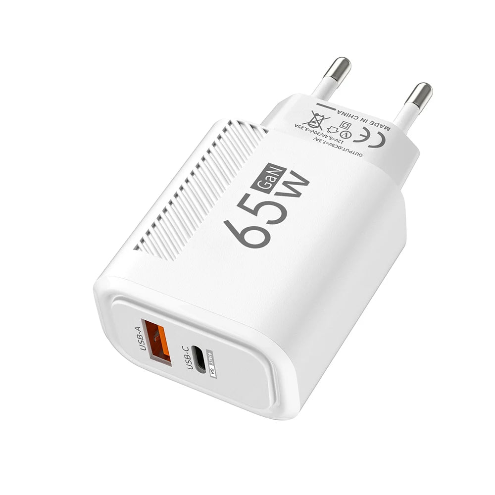 65W GaN Fast USB-C Wall Charger for iPhone, Samsung & Xiaomi (EU/US Plug)