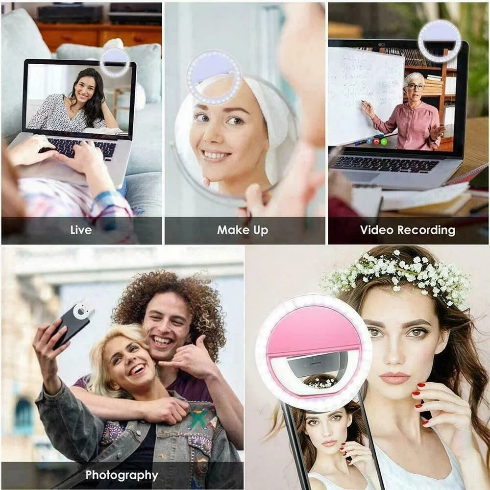 حلقة إضاءة LED محمولة قابلة لإعادة الشحن عبر USB لتصوير السيلفي للهواتف الذكية والبث المباشر