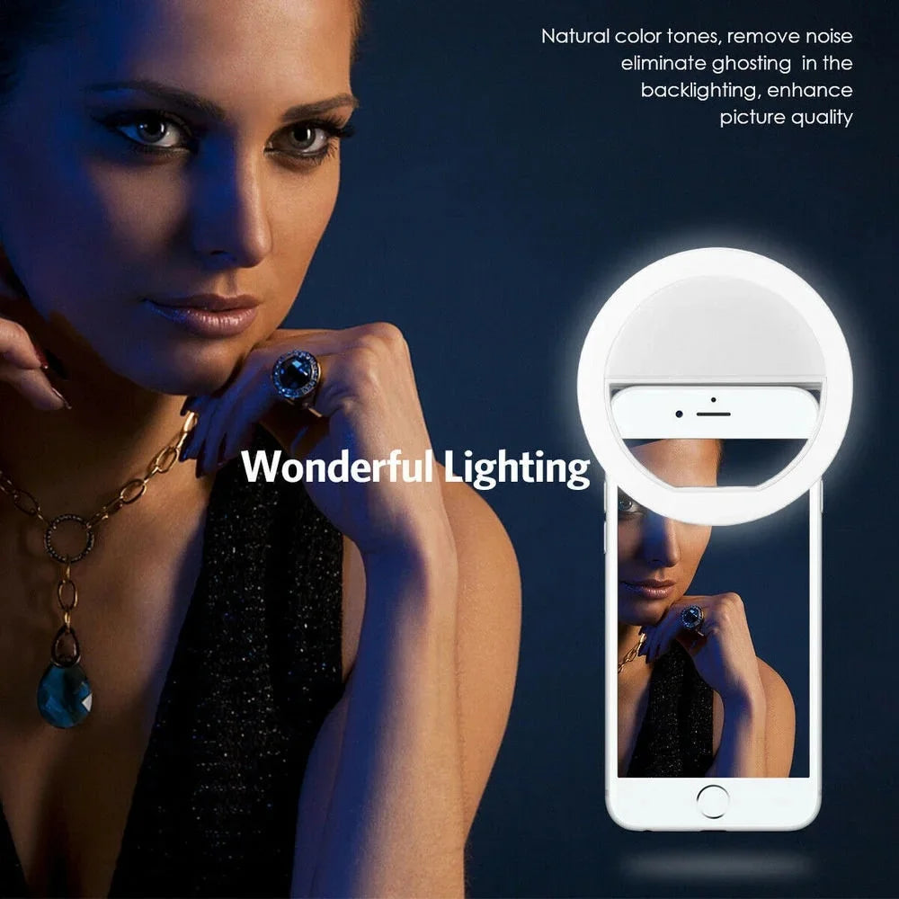 حلقة إضاءة LED محمولة قابلة لإعادة الشحن عبر USB لتصوير السيلفي للهواتف الذكية والبث المباشر