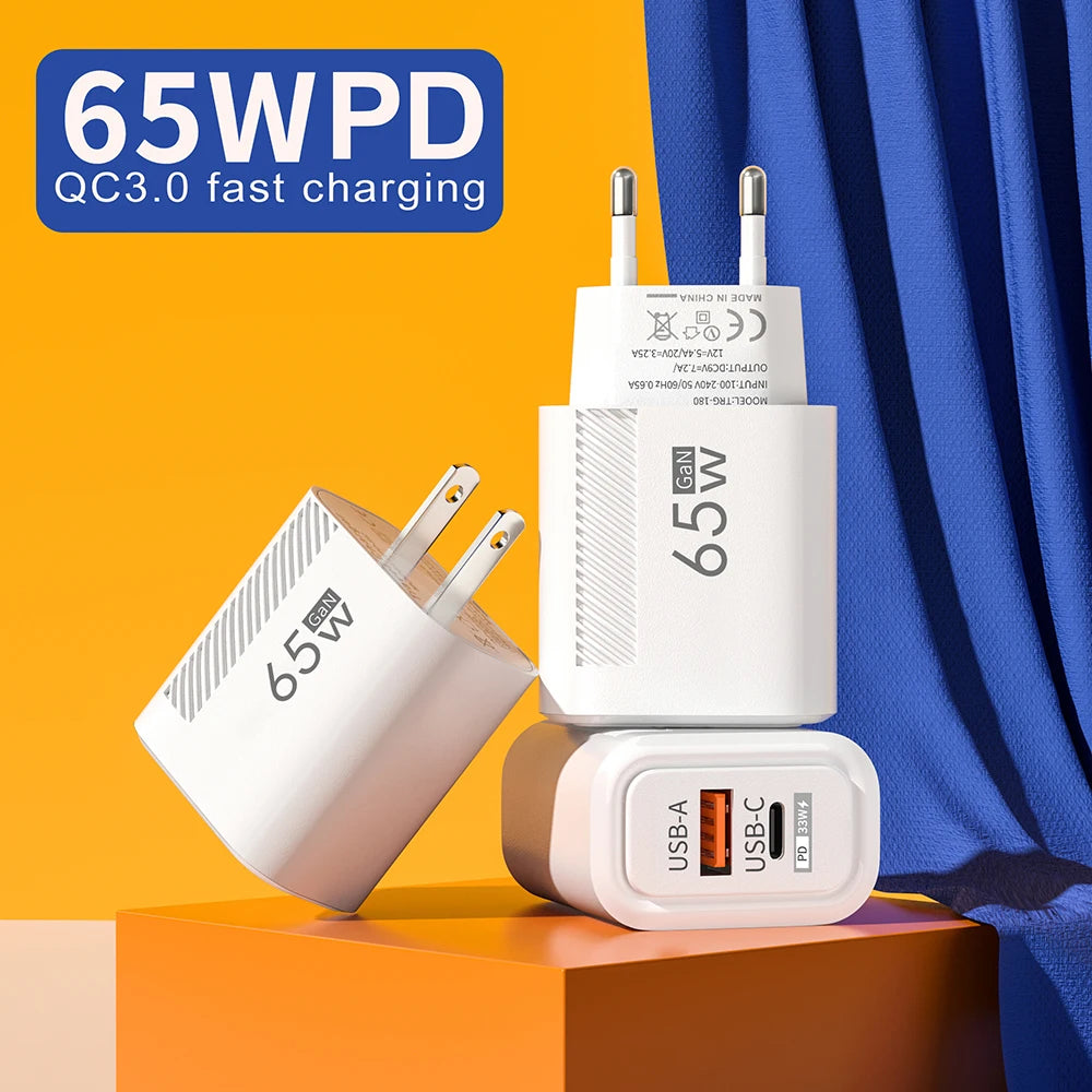 65W GaN Fast USB-C Wall Charger for iPhone, Samsung & Xiaomi (EU/US Plug)
