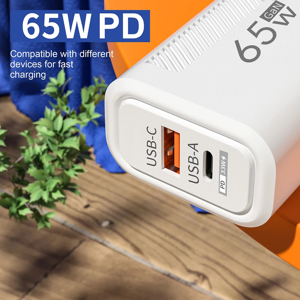 65W GaN Fast USB-C Wall Charger for iPhone, Samsung & Xiaomi (EU/US Plug)