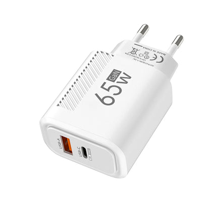 شاحن حائط سريع USB-C بقوة 65 وات GaN لأجهزة iPhone وSamsung وXiaomi (قابس الاتحاد الأوروبي/الولايات المتحدة)