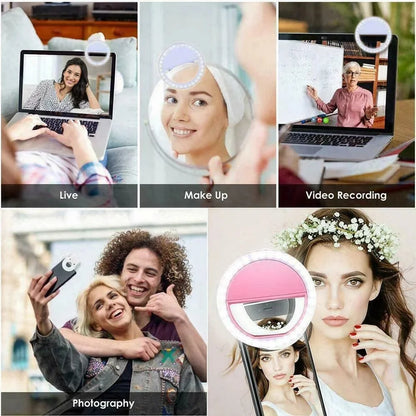 حلقة إضاءة LED محمولة قابلة لإعادة الشحن عبر USB لتصوير السيلفي للهواتف الذكية والبث المباشر