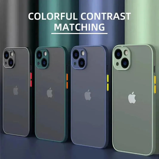 Luxury shockproof silicone armor case with clear hard PC back, slim matte design, and full protection for iPhone models.