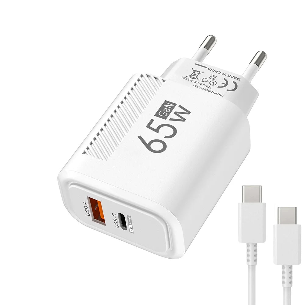 65W GaN Fast USB-C Wall Charger for iPhone, Samsung & Xiaomi (EU/US Plug)