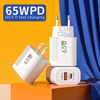 شاحن حائط سريع USB-C بقوة 65 وات GaN لأجهزة iPhone وSamsung وXiaomi (قابس الاتحاد الأوروبي/الولايات المتحدة)