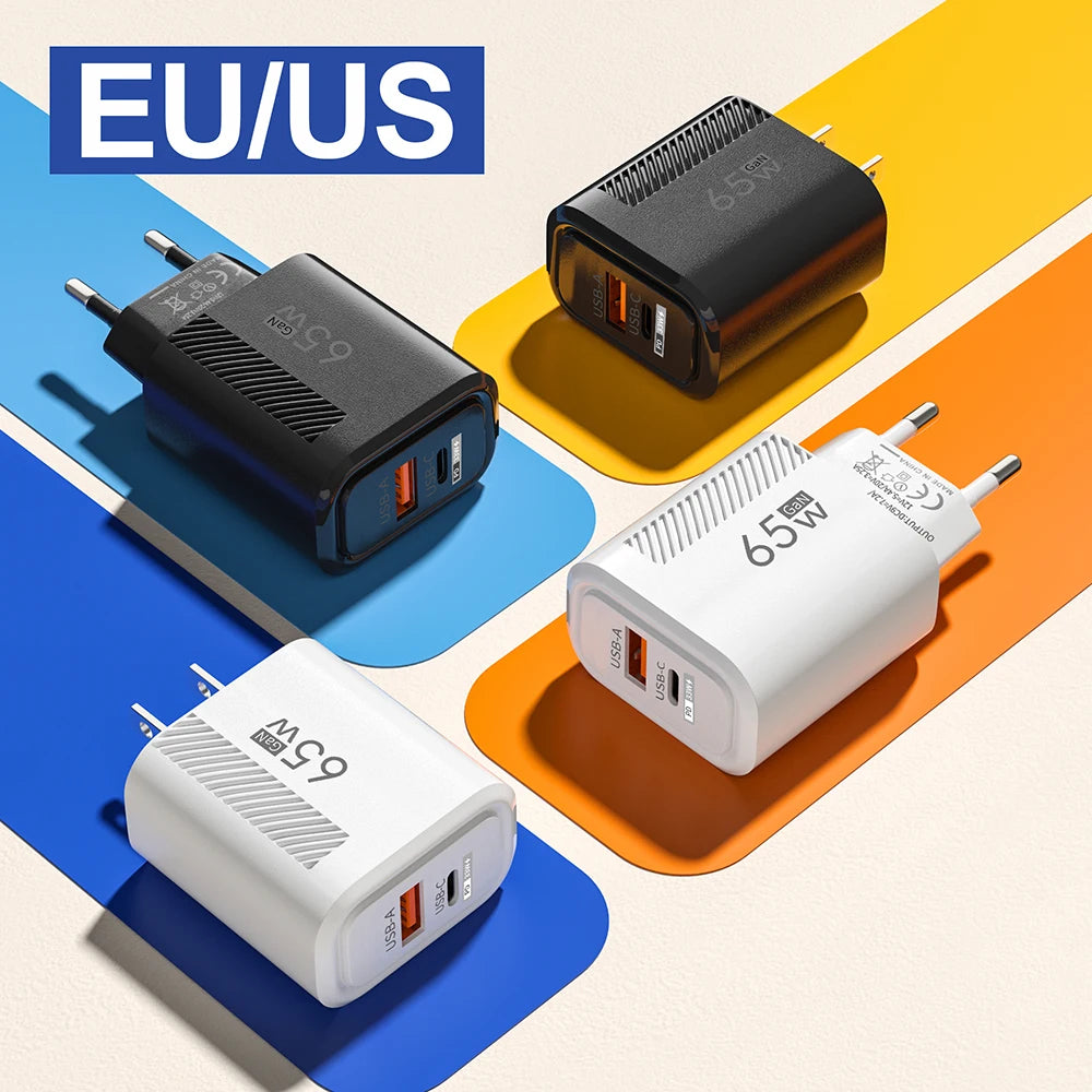 65W GaN Fast USB-C Wall Charger for iPhone, Samsung & Xiaomi (EU/US Plug)
