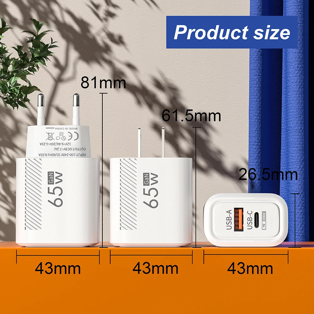 65W GaN Fast USB-C Wall Charger for iPhone, Samsung & Xiaomi (EU/US Plug)