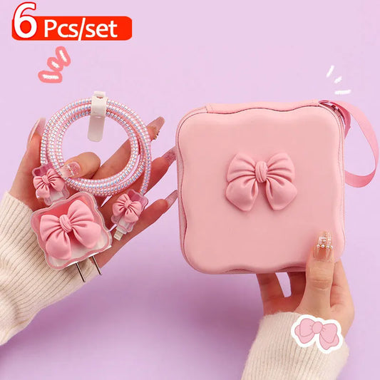 5 in 1 Cable Protector Set with Cute Bow Travel Storage Bag