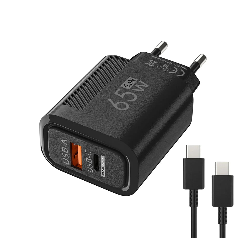 65W GaN Fast USB-C Wall Charger for iPhone, Samsung & Xiaomi (EU/US Plug)